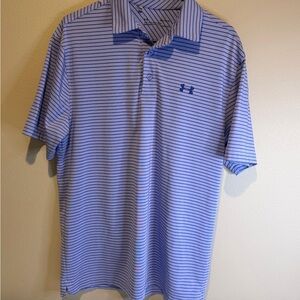 Under Armour Men's Light Blue and Navy Striped Polo Shirt- Loose fit